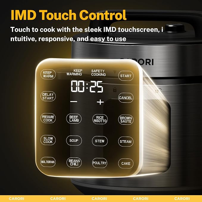 CARORI 9-in-1 Electric Pressure Cooker, 1200W Instant Multi-Cooker with IMD Touchscreen, Olla de Presion, Non-Stick Pot, Rice Cook, Slow Cook, Steamer, Sauté, Warmer, Safe Venting, Silver 8 Qt