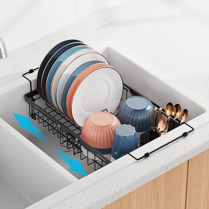 Expandable Dish Drying Rack for Large Kitchen Sink, eavy Duty Adjustable Over Sink Dish Drainer with Square Corners, Rust Resistant with Lock Knob, Fit for Modern Single & Double Sinks, Black