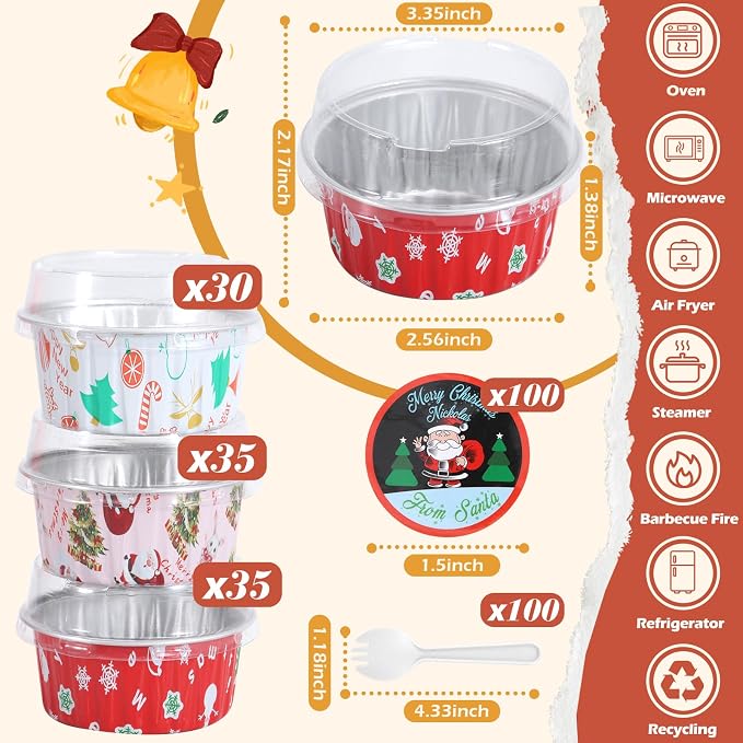 100Pack Mixcolor Christmas Cupcake Liners, 5oz Mini Cake Pans with Lids Xmas Aluminum Cups Disposable Ramekins Muffin Tins Containers for Gift Holiday Birthday Party Cake Baking Stackable Portable