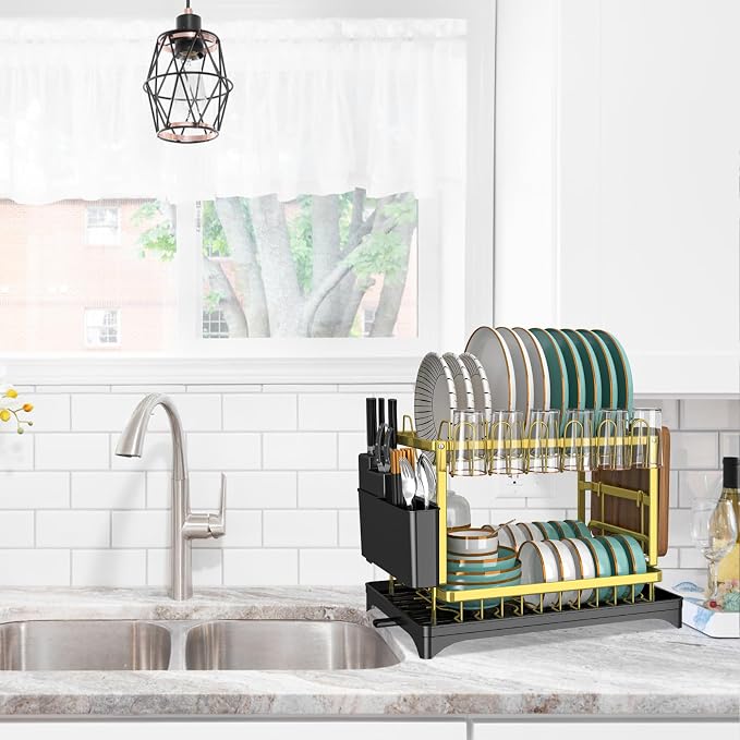 Dish Drying Rack Gold, Multifunctional Dish Racks for Kitchen Counter | with Drainboard 2 Tier Dish Drainer Large Capacity for Knifes/Cup/Cutting Board