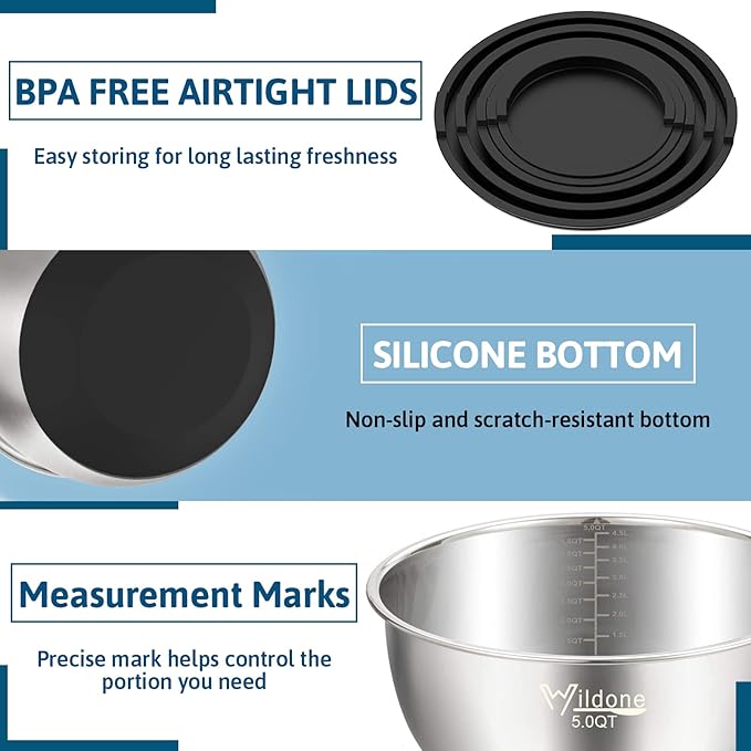 Wildone Mixing Bowls with Lids Set, Stainless Steel Mixing Bowls Set of 5 | Large Prep Metal Bowl Set with Non-slip Bottoms, Size 8, 5, 3, 2, 1.5 QT, Airtight Lids, Thicker Stainless Steel