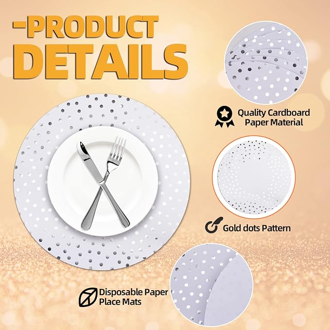 50 Pcs 14 Inch White and Silver Foil Paper Place Mats Silver Polka Dots Round Placemats Disposable Decorative Table Mats for Wedding Banquet Party Home Dining Table Decor