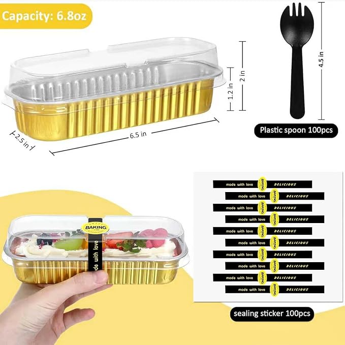 30 Pack Gold Mini Rectangular Aluminum Foil Loaf Pans with Lids 6.8oz, Spoons & Sealing Stickers Included - Perfect for Baking Mini Cakes, Parties & Gifting