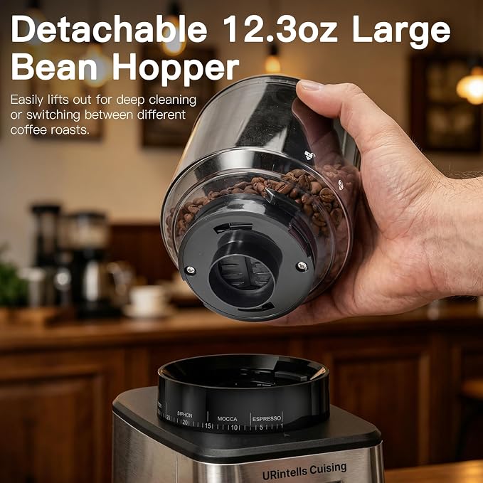 URintells Cuising Burr Coffee Grinder, 51 Grind Setting and Low-Speed Motor | 51-53mm & 58mm Portafilters Holder, Anti-Static Ground Bin, 0.1s Precision Dosing, Hands-Free Grinding, 12.3oz Bean Hopper