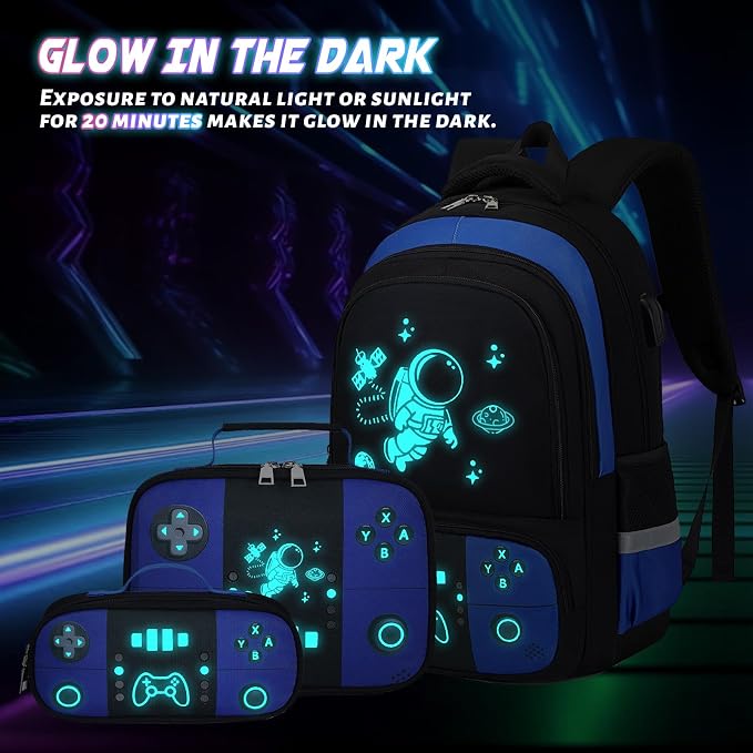 Backpack for School Boys, Cool Luminous Gamer Boys Schoolbag | with Lunch Box & Pencil Case Set for Kids Teens Elementary Middle School, Bookbag Glow In The Dark