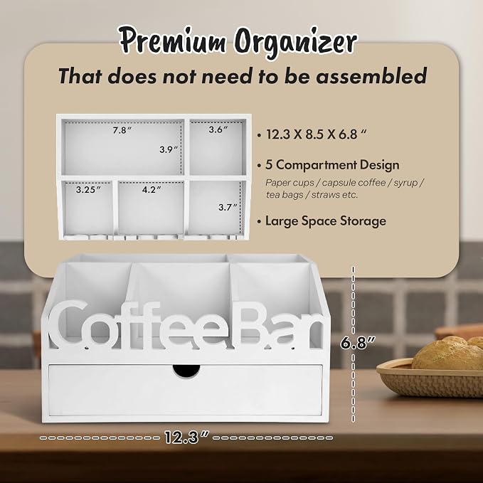 Coffee Bar Organizer Countertop,Wood Coffee Station with Drawer,Home&Office | K-Cups, Tea Bags, Sugar Packets & Creamers