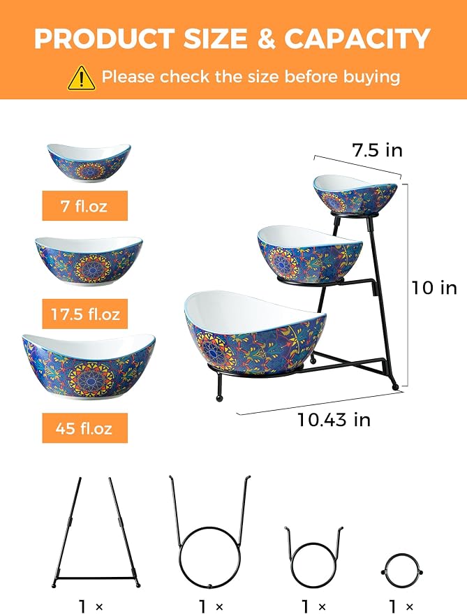 YHOSSEUN 3 Tier Serving Bowls, Tiered Serving Platter and Trays for Parties | Serving Dishes for Entertaining, Oval Tiered Serving Bowl Set with Metal Serving Stand, Appetizer Serving Tray