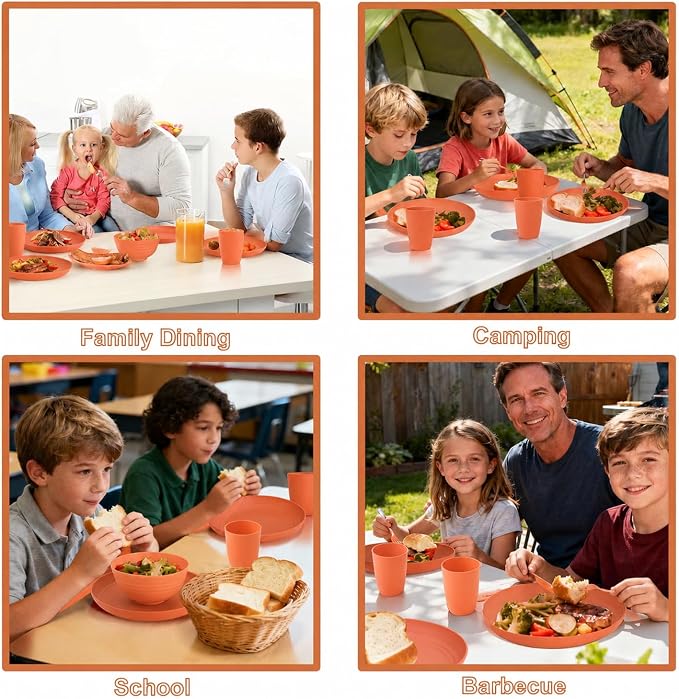 Kids Wheat Straw Dinnerware Sets for 4, 20 Piece Unbreakable Dinnerware Set, Plates and Bowls Sets, Kitchen Plates and Bowls Set, Lightweight Dish Set for Picnic, Camping, and Daily - Orange