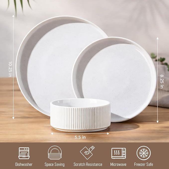 GBHOME Stoneware Dinnerware Sets for 4, 12 Pieces Plates and Bowls Set | Lightweight Ceramic Ribbed Dishes, Reactive Glaze Stackable Plate Set, Scratch Resistant, Microwave & Dishwasher Safe,White