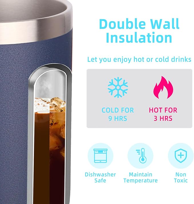 Volhoply 14oz Insulated Stainless Steel Coffee Mug with Lid Bulk 2 Pack,Double Wall Vacuum Travel Coffee Cup with Handle,Reusable Metal Cups Tumbler,Camping Mugs Keep Hot,Ideal Gifts(Navy,2)