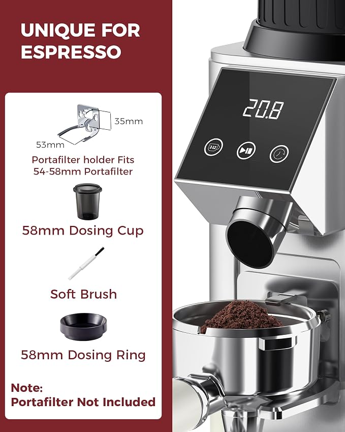 Tuni G1 Conical Burr Coffee Grinder with 48 Grind Settings, Silver | Anti-static Burr Espresso Mill, Electronic Timer and LED Touchscreen for Drip/Cold Brew/French Press, Stainless Steel