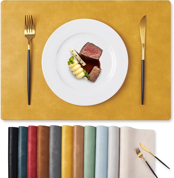 MOSAYT Vinyl Placemats Set of 4-12 X 17 Inch - Faux Leather 100% Waterproof Oil-Proof Wipeable PU Place Mats, Heat Resistant Reversible Table Mats for Kitchen, Dining, Outdoor, Yellow