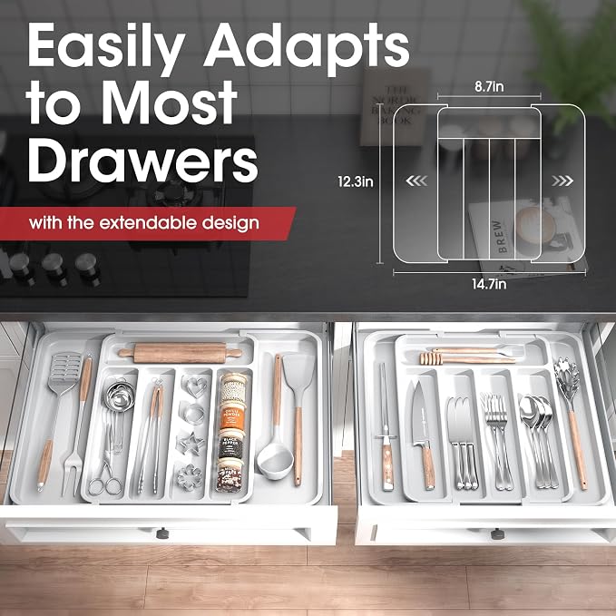 Aujen Silverware Drawer Organizer, Adjustable Utensil Cutlery Tray | Expandable Kitchen Organizer for Forks Knives, Multipurpose Kitchen Storage , Apartment Essentials, White, Medium