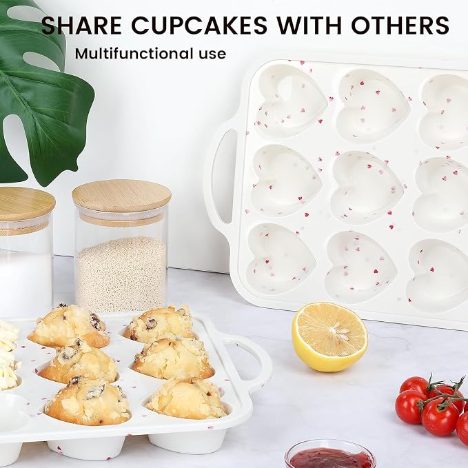 Vinino Silicone Heart Shaped Muffin Pan with Metal Reinforced Frame, 2 Pack Cupcake Pan, Silicone Heart Mold for Baking, Chocolate Bar and Egg Bites, Dishwasher Safe