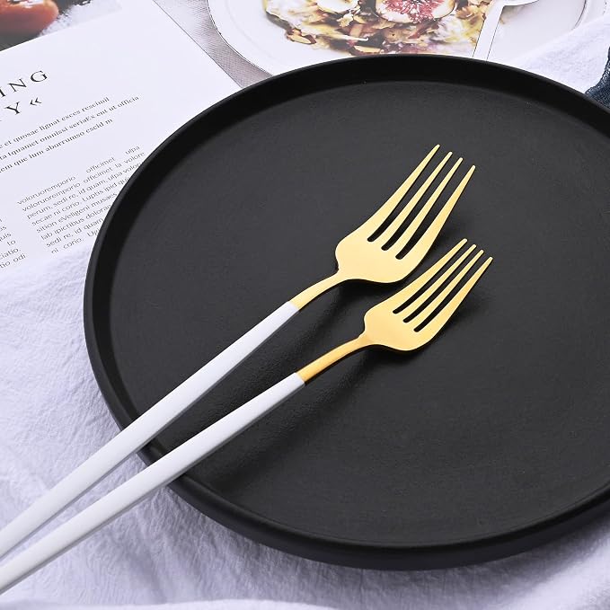 Mirror Silverware Set, 24-Piece 18/0 Stainless Steel Flatware Set For 6, Gold and White Color Forks Spoons Knives Cutlery Set For Home Restaurant, Lightweight and Flat handle