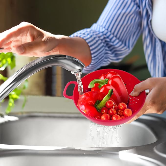 Meadow Lane 6-Inch Small Colander, 3-Cup Food Strainer, Cardinal Red | BPA-free, dishwasher-safe mini colander has a wide, shallow bowl, 1/8-inch holes, two handles, ring foot and smooth edges.