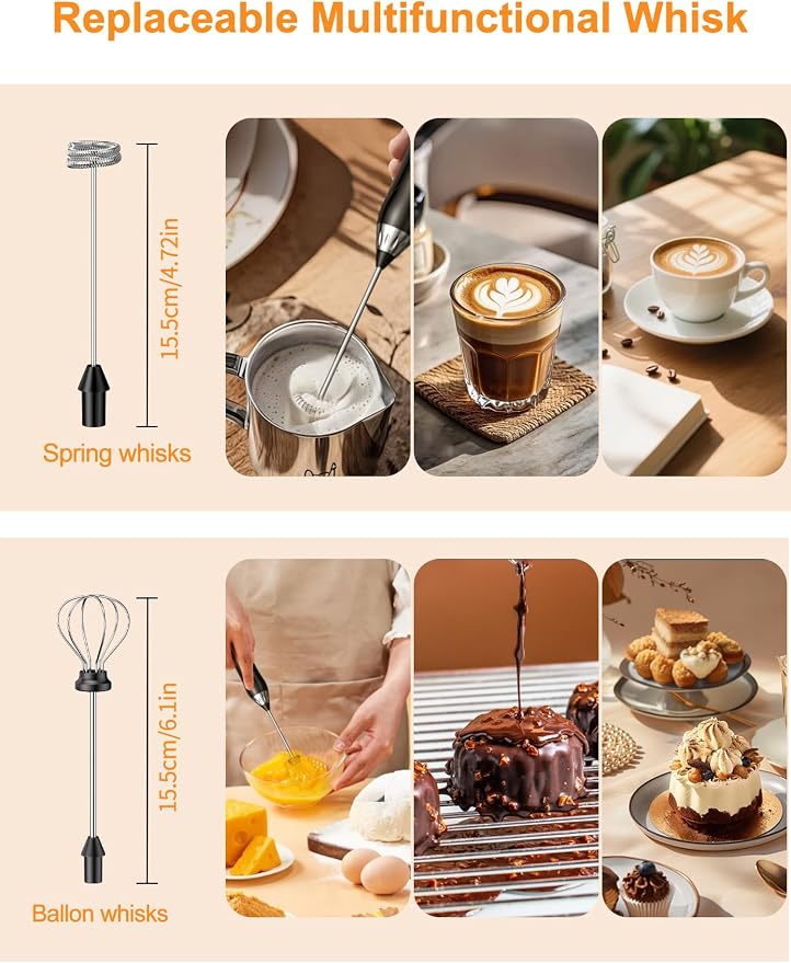 Rechargeable Milk Frother Handheld, IP67 Waterproof Coffee Frother with Digital Battery Display, 3-Speed Electric Milk Frother for Coffee, Latte, Cappuccino, Matcha, Protein Shakes & Eggs (Black)