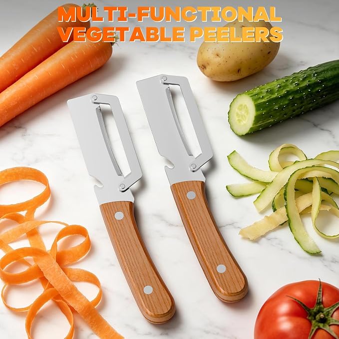 2 Packs Multi-Functional Vegetable Peeler for Kitchen with Wooden Handle and Bottle Opener, Ultra-Sharp Stainless Steel Blade Kitchen Tool for Veggie, Fruit, Potato, Carrot, Apple, Pumpkin, Papaya