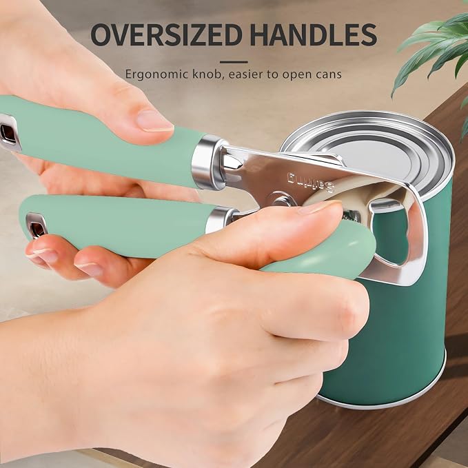 Safring Can Opener Manual, Heavy Duty Stainless Steel Smooth Edge Can Opener With Soft Touch Handle, Oversized Handheld Easy Turn Knob, Multi-Function Bottle Opener, Mint