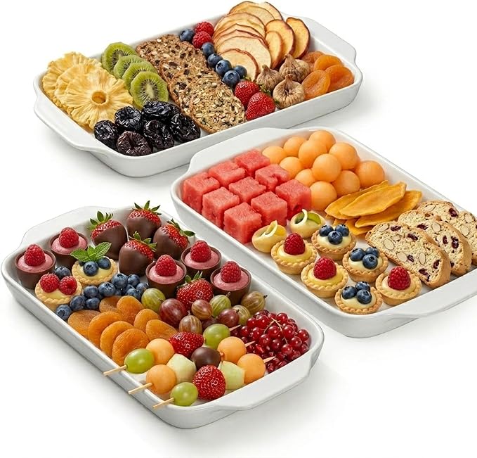 Dizada Large Serving Platter with Handles 16"x9" - White Porcelain Serving Trays Set of 3, Rectangular Platters for Entertaining, Party, Appetizer, Charcuterie