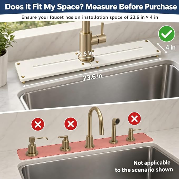 2PCS Stone Faucet Mat for Kitchen Sink, Water Absorbing Sink Tray Organizer for Bathroom Counter, Diatomite Soap Dish Coaster Caddy Riser, Sponge Holder Dispenser Mat, Gold White 23.6" x 4", 1 Set