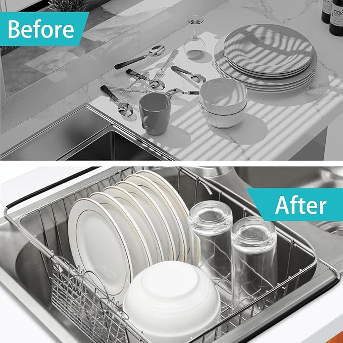 Sink Dish Drainer Rack, Expandable Stainless Steel Dish Drying Rack | 304 Stainless Steel Sink Rack with Utensil Holder, Adjustable 14.96"-20.59", Fits Inside Sink, Holds Up to 7 Upright Utensils