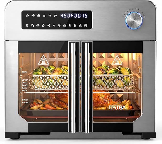 OSTBA French Door Air Fryer Toaster Oven Combo, 24QT 10-in-1 Oven | 1700W Heating, Adjustable Fan Speed, Rotisserie Function, 102-Recipe Book, Removable Crumb Tray, Stainless Steel Finish
