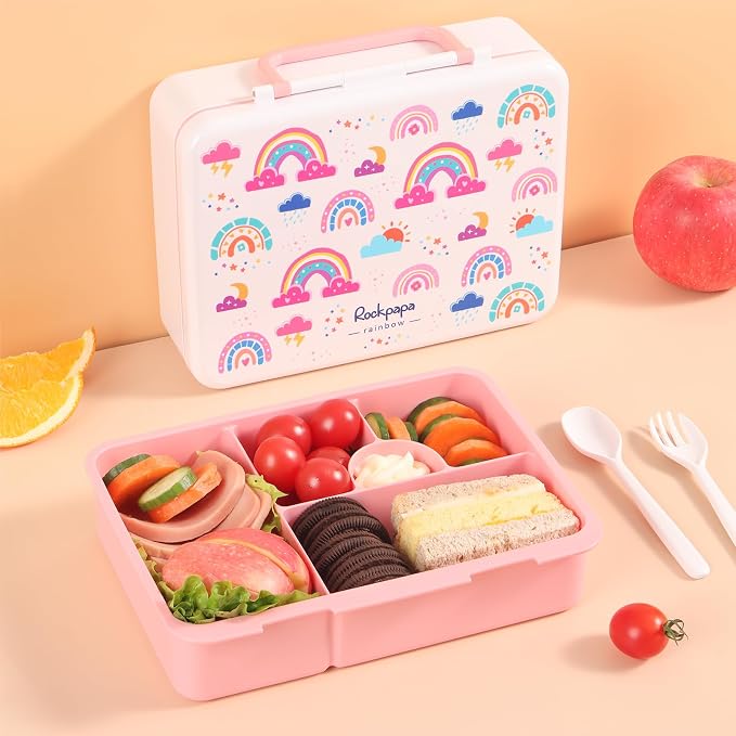 rockpapa 5.5 Cups Bento Lunch Box for Kids, 5-Compartment, Rainbow | BPA-Free, Leak Proof, with Utensils & Handle, Microwave Safe, Dishwasher Safe, for School, Picnic, Boys, Girls