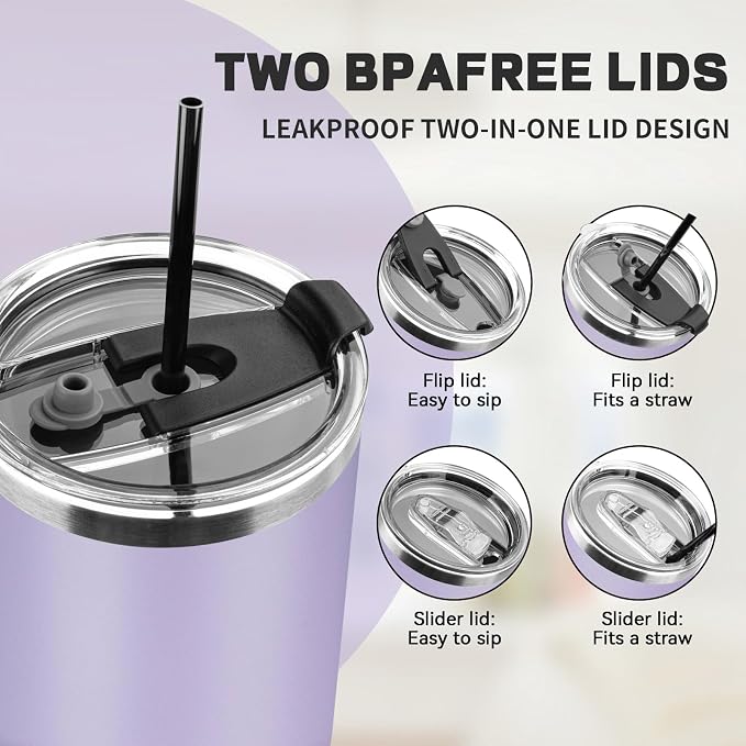 30 oz Tumbler with Lids and Straws, Stainless Steel Insulated Coffee Tumbler, Double Wall Vacuum Insulated Travel Mug Cup, Leakproof Thermal Coffee Cup for Hot and Cold Drinks (Light Purple)