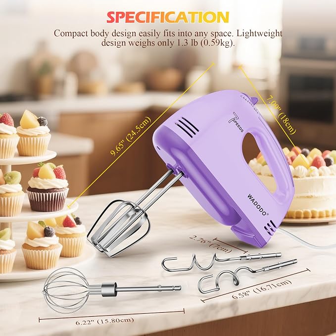 WADODO 7-Speed Electric Hand Mixer – Portable Food Mixer Kitchen Mixer with 304 *(1x Whisk, 2x Beater, 2x Dough hook) for Baking Cakes, Cream, Cookies, PURPLE
