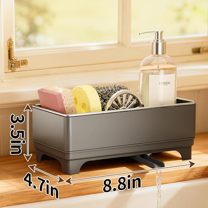 MOUKABAL Sponge Holder for Kitchen Sink, Rustproof Stainless Steel Grey | Large Capacity/360° Rotating Drain Keeps Counter Dry/Holds Sponges & Soap Bottle/Easy-Clean Removable Tray