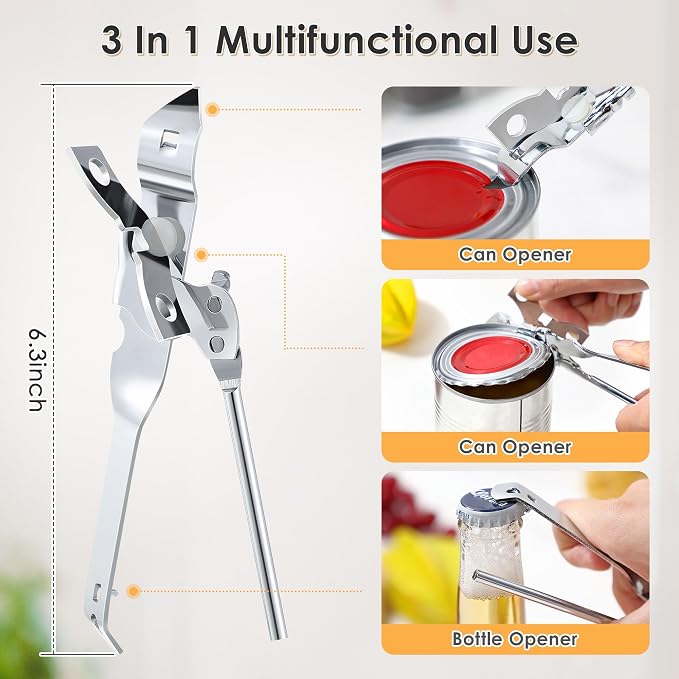 2 Pack Can Opener Manual, Safety Commercial Smooth Edge Can Opener | Heavy Duty Stainless Steel Hand Held Canned Open, Small Side Cut abrelatas, Multifunctional Bottle Open for Camping, Kitchen