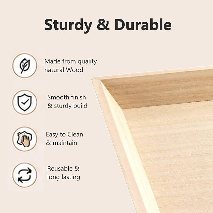 Wooden Serving Trays Set of 4, 13x5x1.25 InchesNatural Wood Serving Tray for Home Decor, Decorative Wooden Trays for Coffee Table, Ottoman, Kitchen Counter, Dining Table & Organization