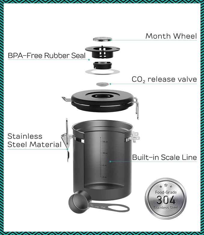 Coffee Gator Stainless Steel Canister - Medium 16oz, Gray Coffee Grounds and Beans Container with Date-Tracker, CO2-Release Valve, and Measuring Scoop - Ideal Coffee Lovers Gifts