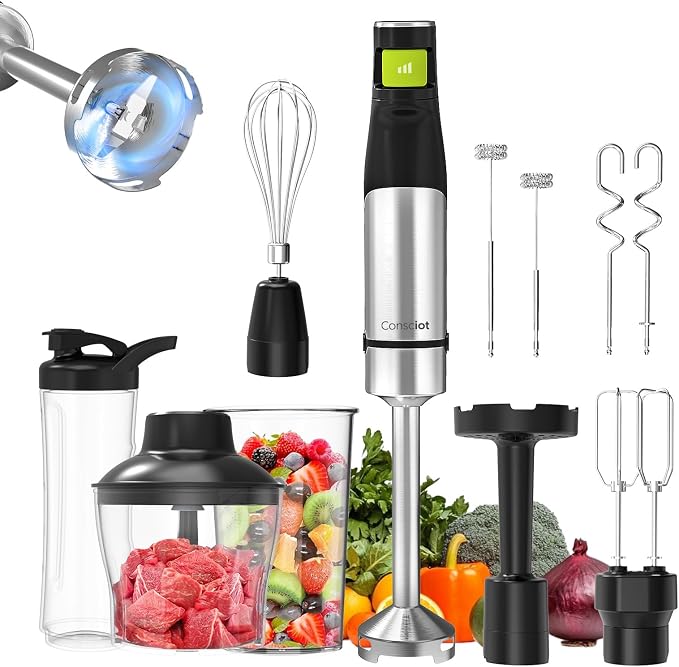 Consciot 10-in-1 Immersion Hand Blender Max 1100W, Trigger Speed Control | Entire Stainless Steel Blender Shaft, 800ml Beaker, 600ml Chopper, Beaters, Frothers, Hooks, Masher, Whisk & 600ml Cup