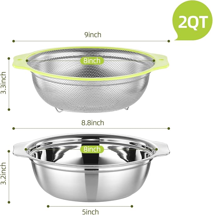 Colander Stainless Steel Microporous, 2QT Rice Strainer with Mixing Bowl, Rice Washer Bowl Set with Handle, Food-Grade Strainers and Colanders for Kitchen, Pasta, Fruit, Dishwasher Safe