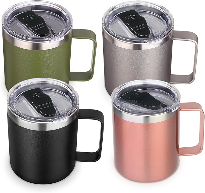 Volhoply 14oz Insulated Stainless Steel Coffee Mug with Lid Bulk 4 Pack,Double Wall Vacuum Travel Coffee Cup with Handle,Reusable Metal Cups Tumbler Cup,Camping Mugs,Ideal Gifts(Mix,4)