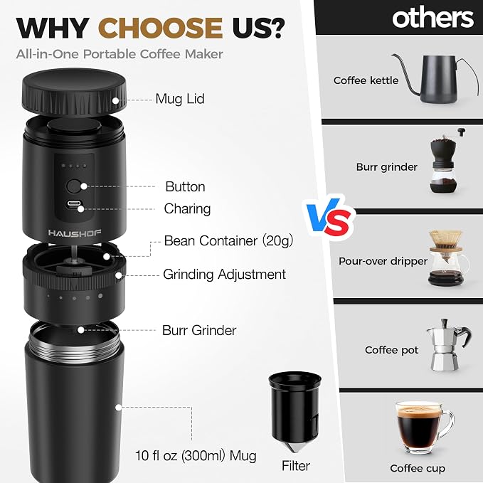 HAUSHOF Travel Coffee Maker,Coffee Grinder for Home,Camping | Hot & Cold Insulation;5 Adjustable Grind Levels;Grind & Brew in One;Portable Cordless Design