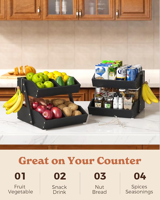 2-Tier Bamboo Fruit Basket with 2 Banana Holders Black | Large tiered organizer for bread, snacks, veggies. Sturdy bamboo, includes mats & dividers. Easy to assemble.