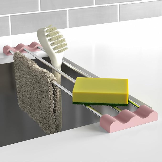 Tomorotec Adjustable Over-The-Sink Kitchen Rack, BPA-Free, Pink | Holds 16.5 Lbs; For Dishcloths, Sponges, and Brushes - Heat-Resistant Stainless Steel with Slim, Expandable Design