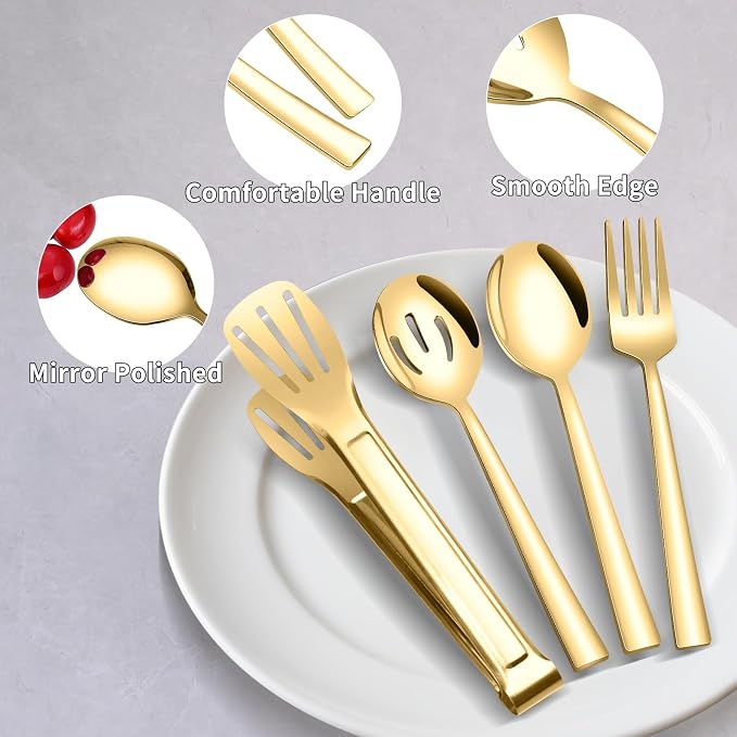 Stainless Steel Serving Utensils, 10PCS Serving Utensils Flatware Set | Gold Serving Set include Spoons Forks Slotted Spoons Appetizer Tongs Cake Server Butter Knife for Party Wedding