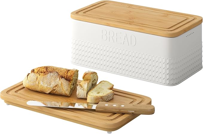 kiplant Bread Box for Kitchen Countertop, Large Bread Storage Container with Bamboo Lid, Iron Farmhouse Bread Box for Your House, White