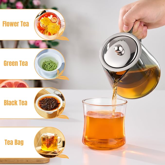 PARACITY Clear Teapot, Glass Kettle with Infuser, Tea Maker, 18.6 oz, Black | 550 ml borosilicate stovetop tea brewer with removable 18/8 steel strainer for loose leaf, blooming tea, fruit tea or bags