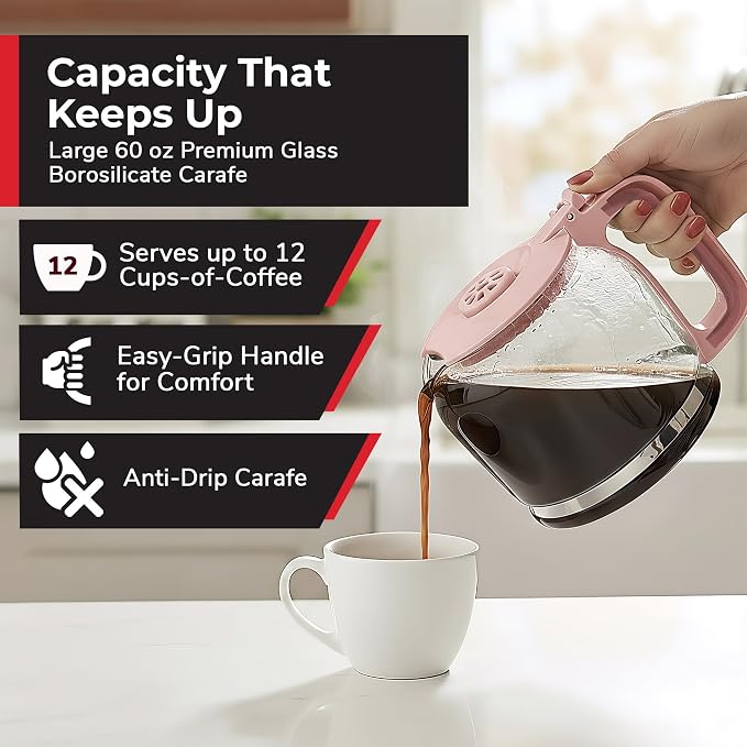 MUELLER HOME 12-Cup Pink Coffee Maker | Borosilicate Carafe, Auto-Off, Reusable Filter, Anti-Drip, Keep-Warm Function