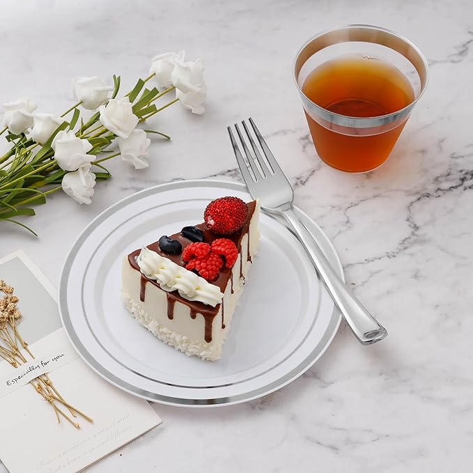 BESTVIP 300PCS Plastic Dinnerware Set (50 Guests), Silver Disposable Plates for Party, Wedding, Christmas, Anniversary, Includes: Dinner Plates, Dessert Plates, Cups, Spoons, Forks and Knives | for Party, Wedding, Anniversary, Includes: Dinner Plates, ...