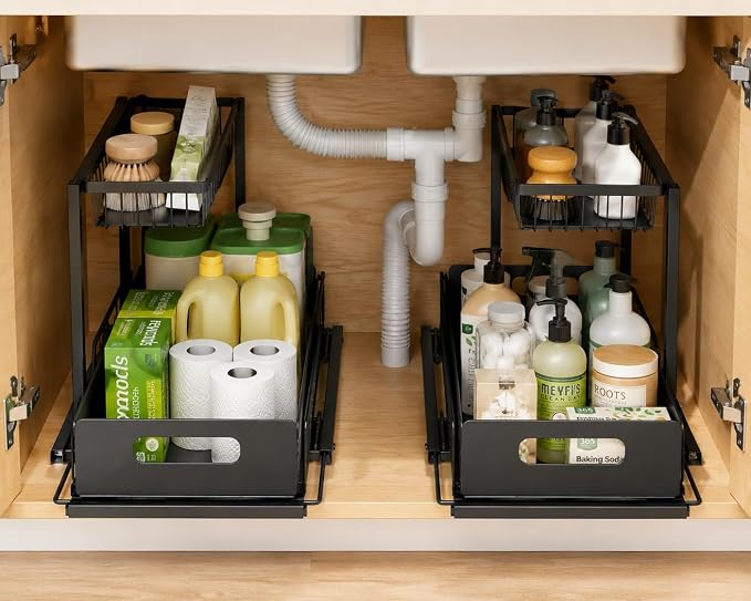 Under Sink Organizer, 2 Tier Adjustable Cabinet Organizer with Slide-Out Drawer, Heavy Duty Metal Storage Rack for Kitchen, Bathroom & Laudry room.