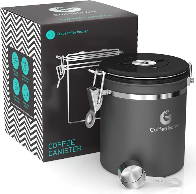 Coffee Gator Coffee Canister, 16oz Airtight Containers & Travel Jar | w/ Date Tracker, Scoop, Valve Kitchen Food Storage Jars for Beans, Ground, Rice, Tea, Sugar, Cookie, Bar Accessories, Gray