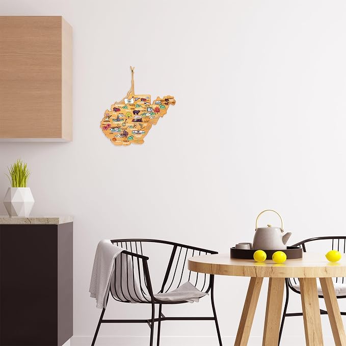 Totally Bamboo West Virginia State Shaped Cutting Board, Art by Fish Kiss | State charcuterie board with colorful hand-drawn map artwork. Smooth reverse side for food prep. Hang tie for wall display.