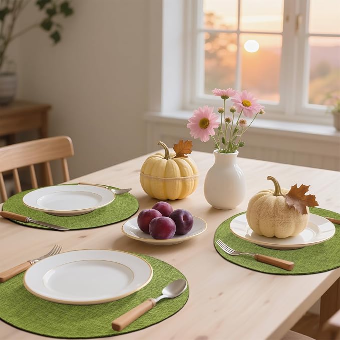 Cotton Linen 15 Inch Round Cloth Place mats, Set of 8, Grass Green | Washable Table Mats, Heat Resistant, Reversible, Wipeable Place Mats for Indoor Outdoor