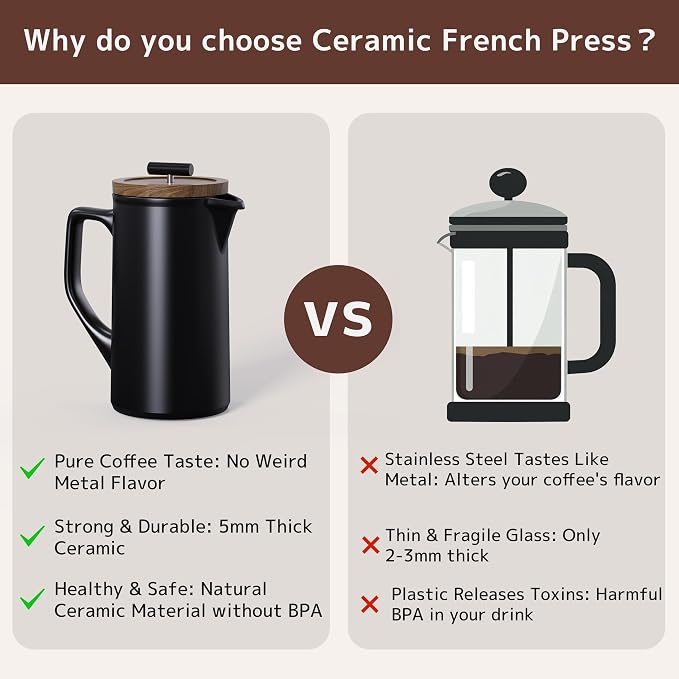 Ceramic French Press 22oz, Walnut Wood Lid, Black | Lead-Free, Dual Food Grade Stainless Steel Filters, Grit-Free, For Coffee and Loose Tea, Heat Retention, High-Fired Ceramic